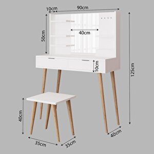 U4070 Geniş Dolaplı Tabureli Bella Makyaj Masası Seti Beyaz - Aynalı, Raflı Ve Torna Ayaklı