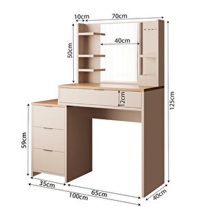 T3080 Geniş Dolaplı İzabel Makyaj Masası Seti Sepet-kumtaşı - Aynalı, Raflı Ve Geniş 5 Çekmeceli