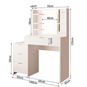 T3070 Geniş Dolaplı İzabel Makyaj Masası Seti Beyaz - Aynalı, Raflı Ve Geniş 5 Çekmeceli