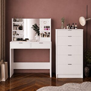 T5070 Geniş Dolaplı Diena Makyaj Masası Seti Beyaz - Aynalı, Raflı Ve Geniş 5 Çekmeceli