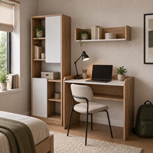U2110 Daffy Çalışma Odası Takımı Sepet-beyaz Çalışma Masası, 183cm Kitaplık Ve Duvar Raflı 3lü Set