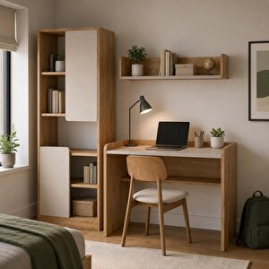 U2120 Daffy Çalışma Odası Takımı Sepet-kumtaşı Çalışma Masası, 183cm Kitaplık Ve Duvar Raflı 3lü Set