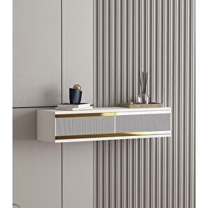 Karya 90 Cm Duvara Monte 2 Kapaklı Raflı Makyaj Masası Dresuar Beyaz-Altın Beyaz - Altın