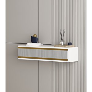 Karya 90 Cm Duvara Monte 2 Kapaklı Raflı Makyaj Masası Dresuar Beyaz-Altın Beyaz - Altın