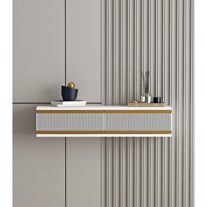 Karya 90 Cm Duvara Monte 2 Kapaklı Raflı Makyaj Masası Dresuar Beyaz-Altın Beyaz - Altın