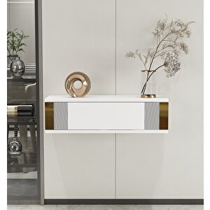 İris 70cm Duvara Monte Kapaklı Raflı Modern Dresuar Beyaz-Altın Beyaz - Altın