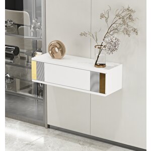 İris 70cm Duvara Monte Kapaklı Raflı Modern Dresuar Beyaz-Altın Beyaz - Altın