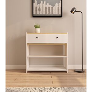 Rose 84 Cm 2 Raflı Kapaklı Dresuar Antre Hol Makyaj Masası Kahve Köşesi Beyaz-Safirmeşe Beyaz-Safir Meşe