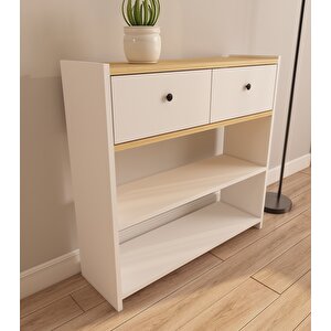 Rose 84 Cm 2 Raflı Kapaklı Dresuar Antre Hol Makyaj Masası Kahve Köşesi Beyaz-Safirmeşe Beyaz-Safir Meşe
