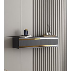 Karya 90 Cm Duvara Monte 2 Kapaklı Raflı Makyaj Masası Dresuar Antrasit-Altın Antrasit