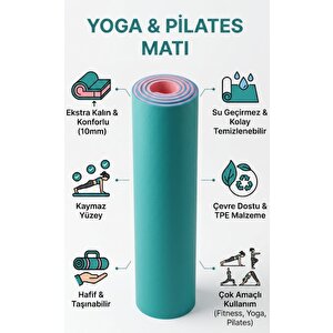 Premium Pilates & Yoga Kamp Matı – 10 Mm Kaymaz, Darbe Emici Çift Renkli (pembe & Turkuaz) 180×60 Cm