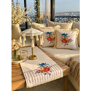 Naturel Şarjlı Ledli Dekaratif Bali Şemsiyesi  Vintage Çiçek Desenli  Seti (şajlı Şemsiye+runner Ve 2'li Kırlent Kılıfı)