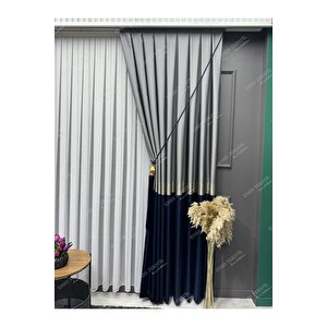 Pano Fon Perde Azra Gri Gold Lacivert 100x265 cm