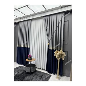 Pano Fon Perde Elegans Seri Azra Desen Lacivert Gold Gri 80x280 cm