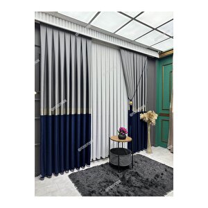 Pano Fon Perde Elegans Seri Azra Desen Lacivert Gold Gri 80x280 cm