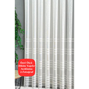 Tül Perde Keten Lüks Simli Pırıltılı Şeritli Çizgili Sakallı Gramajlı Sık Pile Kırık Beyaz 250x180 cm