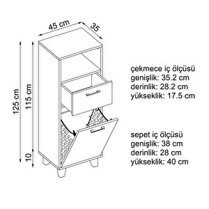 Çamaşır Sepetli Banyo Dolabı, Çok Amaçlı Çekmeceli Dolap 45 Cm Kül Gri