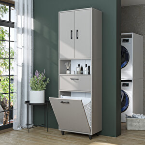 Çamaşır Sepetli Banyo Dolabı, Çok Amaçlı Çekmeceli Dolap 60 X 200 Cm Kumtaşı