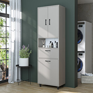 Çamaşır Sepetli Banyo Dolabı, Çok Amaçlı Çekmeceli Dolap 60 X 200 Cm Kumtaşı