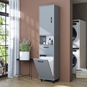 Çamaşır Sepetli Banyo Dolabı, Çok Amaçlı Çekmeceli Dolap 45 X 200 Cm Kül Gri