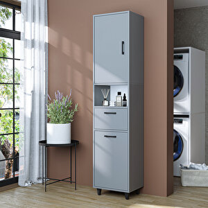Çamaşır Sepetli Banyo Dolabı, Çok Amaçlı Çekmeceli Dolap 45 X 200 Cm Kül Gri