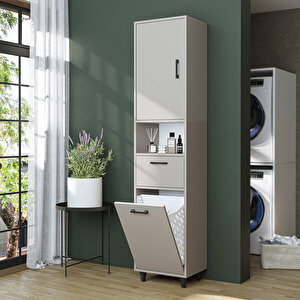 Çamaşır Sepetli Banyo Dolabı, Çok Amaçlı Çekmeceli Dolap 45 X 200 Cm Kumtaşı