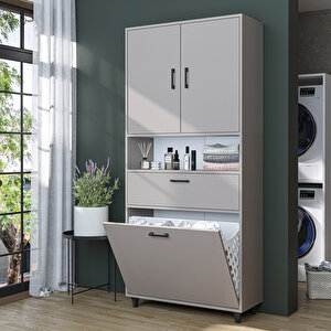Çamaşır Sepetli Banyo Dolabı, Çok Amaçlı Çekmeceli Dolap 90 X 200 Cm Kumtaşı