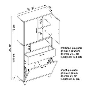 Çamaşır Sepetli Banyo Dolabı, Çok Amaçlı Çekmeceli Dolap 90 X 200 Cm Kumtaşı