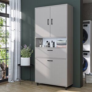 Çamaşır Sepetli Banyo Dolabı, Çok Amaçlı Çekmeceli Dolap 90 X 200 Cm Kumtaşı