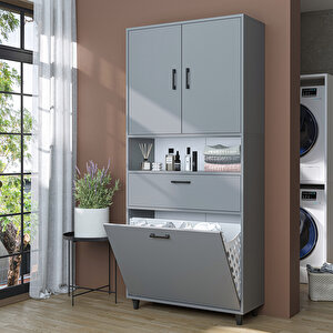Çamaşır Sepetli Banyo Dolabı, Çok Amaçlı Çekmeceli Dolap 90 X 200 Cm Kül Gri