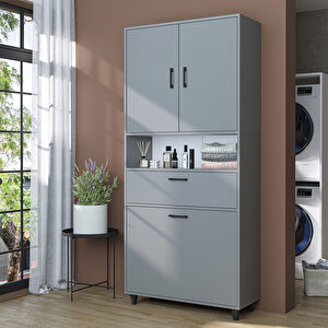Çamaşır Sepetli Banyo Dolabı, Çok Amaçlı Çekmeceli Dolap 90 X 200 Cm Kül Gri