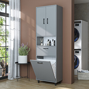 Çamaşır Sepetli Banyo Dolabı, Çok Amaçlı Çekmeceli Dolap 60 X 200 Cm Kül Gri