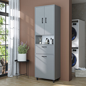 Çamaşır Sepetli Banyo Dolabı, Çok Amaçlı Çekmeceli Dolap 60 X 200 Cm Kül Gri