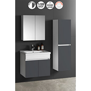 Çiğdem 55+35 cm Beyaz-Füme Balon MDF Seramik Lavabolu Asma Banyo Dolabı Takımı 55 cm