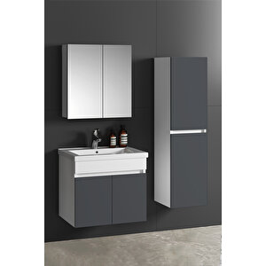 Çiğdem 55+35 cm Beyaz-Füme Balon MDF Seramik Lavabolu Asma Banyo Dolabı Takımı 55 cm