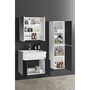 Çiğdem 55+35 cm Beyaz-Füme Balon MDF Seramik Lavabolu Asma Banyo Dolabı Takımı 55 cm