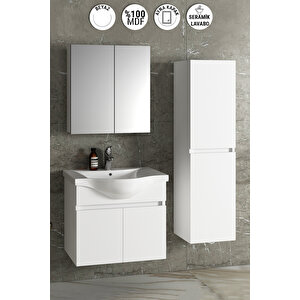 Yıldız 55+35 Cm Beyaz Mdf Seramik Lavabolu Sepetli Asma Banyo Dolabı Takımı 55 cm