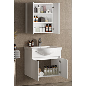 Yıldız 55+35 Cm Beyaz Mdf Seramik Lavabolu Sepetli Asma Banyo Dolabı Takımı 55 cm