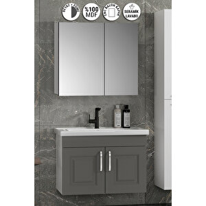Salkım 80 Cm Beyaz-füme Balon Mdf Seramik Lavabolu Asma Banyo Dolabı Takımı 80 cm
