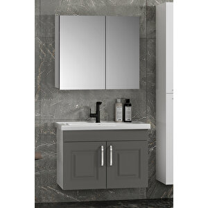 Salkım 80 Cm Beyaz-füme Balon Mdf Seramik Lavabolu Asma Banyo Dolabı Takımı 80 cm