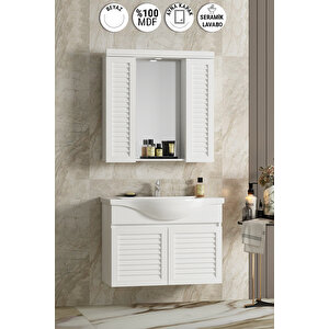 Lilyum 80 Cm Beyaz Mdf Panjur Balon Kapak Seramik Lavabolu Asma Banyo Dolabı Takımı