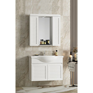 Lilyum 80 Cm Beyaz Mdf Panjur Balon Kapak Seramik Lavabolu Asma Banyo Dolabı Takımı