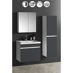 Çiğdem 65+35 cm Beyaz-Antrasit Gri Mat MDF Seramik Lavabolu Asma Banyo Dolabı Takımı 65 cm