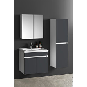 Çiğdem 65+35 cm Beyaz-Antrasit Gri Mat MDF Seramik Lavabolu Asma Banyo Dolabı Takımı 65 cm