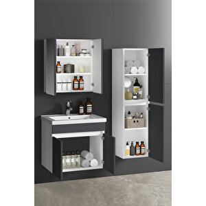 Çiğdem 65+35 cm Beyaz-Antrasit Gri Mat MDF Seramik Lavabolu Asma Banyo Dolabı Takımı 65 cm