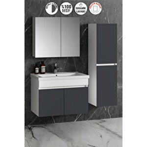 Çiğdem 80+35 Cm Beyaz-füme Balon Mdf Seramik Lavabolu Sepetli Asma Banyo Dolabı Takımı