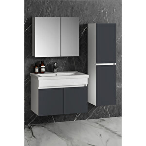 Çiğdem 80+35 Cm Beyaz-füme Balon Mdf Seramik Lavabolu Sepetli Asma Banyo Dolabı Takımı