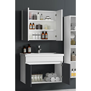 Çiğdem 80+35 Cm Beyaz-füme Balon Mdf Seramik Lavabolu Sepetli Asma Banyo Dolabı Takımı
