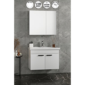 Çiğdem Kulplu 80 Cm Beyaz Mdf Seramik Lavabolu Asma Banyo Dolabı Takımı