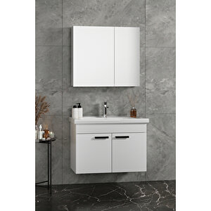 Çiğdem Kulplu 80 Cm Beyaz Mdf Seramik Lavabolu Asma Banyo Dolabı Takımı